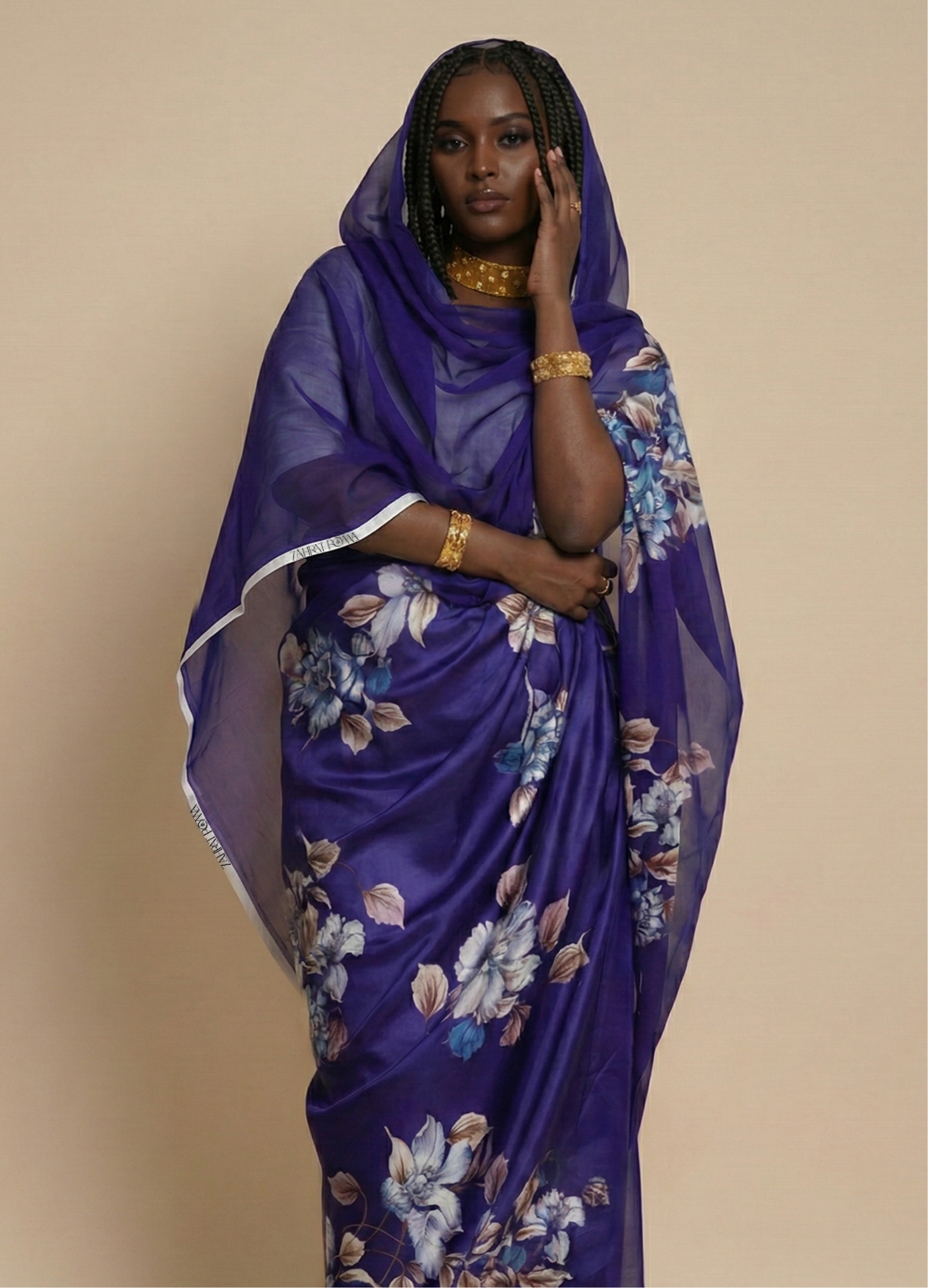 Royal Blue And Beige Floral Print