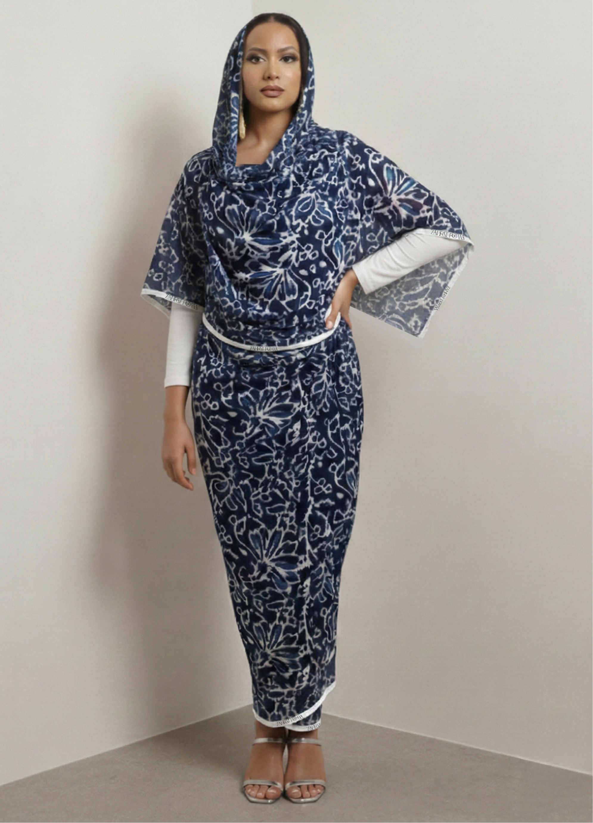 Navy Blue And White Floral Print