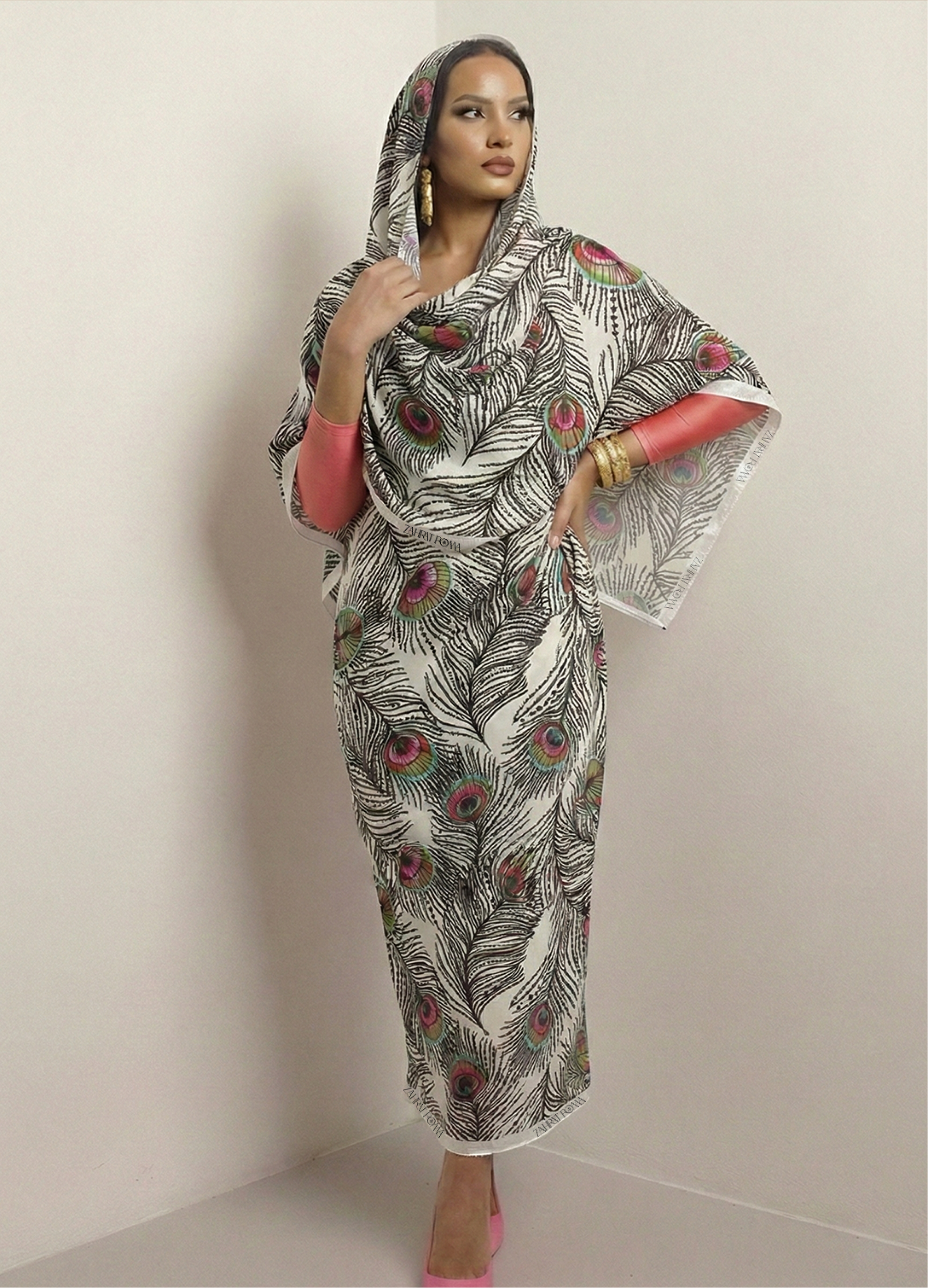 Black And Cerise Pink Peacock Print