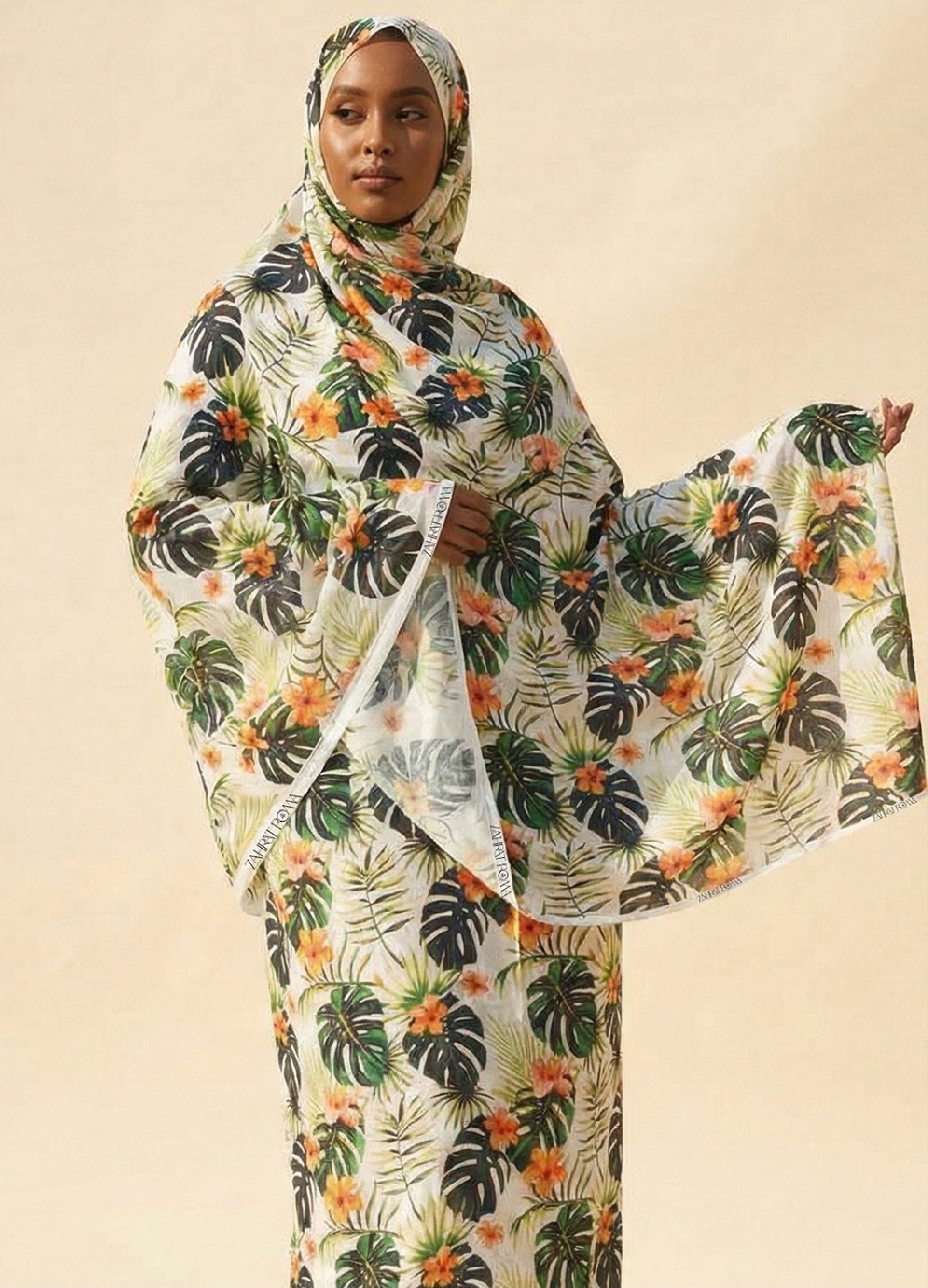 Oyster White And Peach Tropical Print